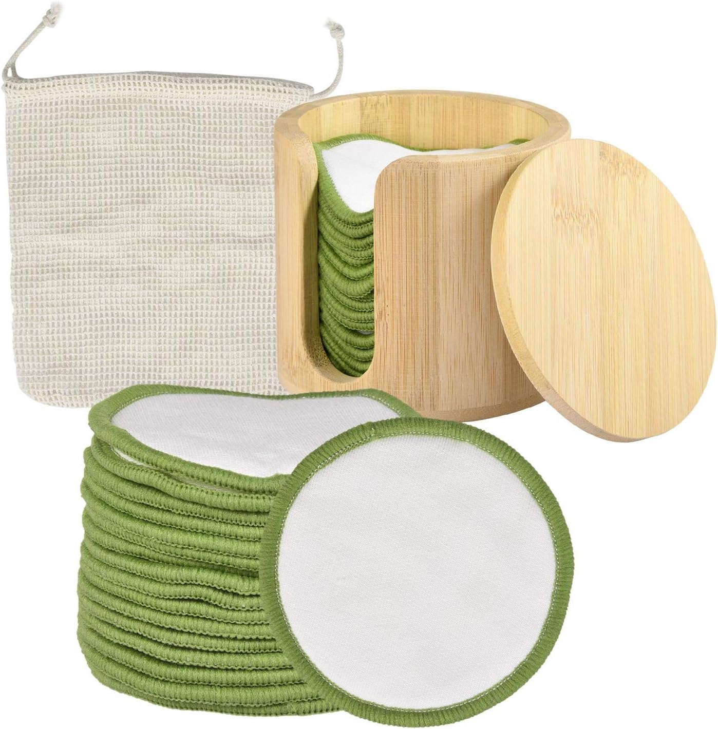 コットンパフ メイク落としパッド 化粧コットン コットンパッド 16枚 丸型 3層 化粧落とし 顔拭き フェイスパフ フェイスメイクコットン 天然竹綿製 健康 安全 高吸収 低刺激 洗える 再利用可能 洗顔用品 収納用竹ホルダー付き フェイスケアエッセンシャルのサムネイル