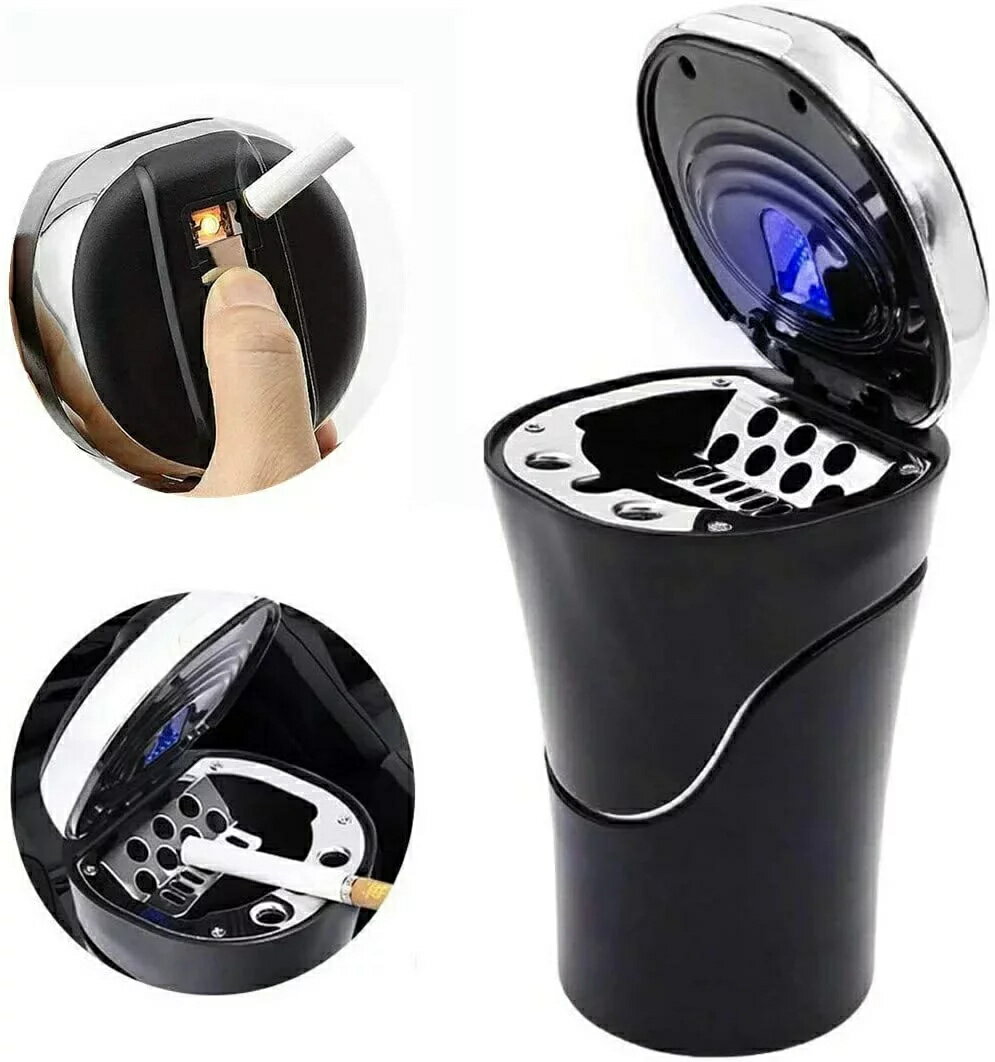 車用灰皿 シガーライター 点煙器 携帯灰皿 携帯ライター ミニごみ箱 USB充電 LEDライト付け 取り外し可 ドリンクホルダー型 灰捨て簡単 吸殻 大容量 13*8*6.5cm