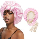 CHLINS サテンボンネット シルク スリープキャップ ヘア ボンネット 女性用 ストレッチ タイバンド ヘアキャップ カーリーヘア シルクヘアラップ(ピンク+シャンパン) 6-7