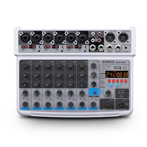 BOMGE 8 channel mini audio mixer Line Mixer DC 5Vwith MP3 Player,Bluetooth, U disk 48V,24DSP effects, USB recording Ideal for Small Clubs or Bars, Studio Recording (8 channels-WHITE)