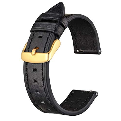 (BISONSTRAP) レザー時計バンド 18mm Quick Release ビジネススタイル本革腕時計ベルト ブラック/ゴールドバックル
