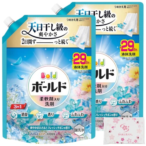 P&G ボールド 洗濯洗剤 液体 華やか おひさまとフレッシュサボンの香り 詰め替え 29日分 690g x2袋 + SAKURANポケットティッシュ P&G ボールド 【まとめ買い】超特大 690g x2袋 + SAKURANポケットティッシュ 爽やかおひさまと【フレッシュサボン】の香り 新しい洗濯洗剤のボールドジェルは部屋干しでも天日干し級の爽やかさ 3IN1で強洗浄+W消臭+24h香り長続き 部屋干しにもOK ファブリーズ&レノアと共同開発 商品の説明 部屋干しでも天日干し級の爽やかさ 3 IN 1: 強洗浄 ■W消臭*1 ■24h香り長続き*2 ファブリーズ　レノアと共同開発 爽やかおひさまとフレッシュサボンの香り すすぎ1回OK 部屋干しにも 10%濃縮! *3 少ない量で同じだけ洗える 約29日分 ※週に約4.7回、2.8kgを洗たく(本品35mL使用)の場合 *1 2種類の消臭成分 *2 保管状態で *3 2024年のボールドジェルシリーズ比。 ボールド 柔軟剤入り 洗濯洗剤 液体 爽やかおひさまとフレッシュサボンの香り 原材料 ■成分 界面活性剤(20%:ポリオキシエチレンアルキルエーテル、直鎖アルキルベンゼンスルホン酸塩、アルキルエーテル硫酸エステル塩、純せっけん分(脂肪酸塩))、安定化剤、香料、pH調整剤、水軟化剤 商品コード58080253320商品名P&amp;G ボールド 洗濯洗剤 液体 華やか おひさまとフレッシュサボンの香り 詰め替え 29日分 690g x2袋 + SAKURANポケットティッシュ型番s※他モールでも併売しているため、タイミングによって在庫切れの可能性がございます。その際は、別途ご連絡させていただきます。※他モールでも併売しているため、タイミングによって在庫切れの可能性がございます。その際は、別途ご連絡させていただきます。