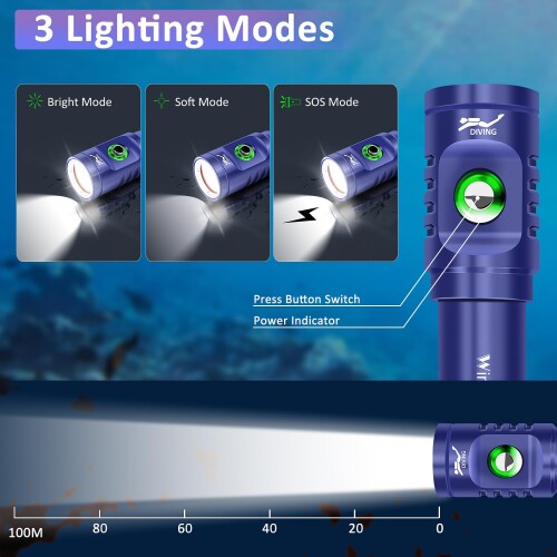 カラーズストアのWINDFIRE TS08 ダイビングライト、 5000ルーメン ナイトダイビング、三つ点灯モード 、潜り使用 LED水中ライト、水中60Mまで使用可能、水肺懐中電灯、電力量表示、水中探検/撮影 夜間潜水 魚｜アングル3