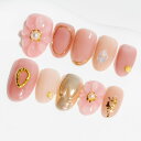 Sun&Beam Nails 手作り ネイルチップ ミディアム ロング オーバル ラウンド 短め ピンク 金 グリッター 人気 3D おしゃれ 可愛い ハート デザイン つけ爪 付け爪 10枚入 (#77 XS)