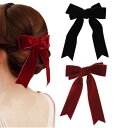 (Herbeluemily) ベロアリボン バレッタ ベロア リボン ヘアアクセ ヘアアクセサリー ベルベット 髪留め 黒 赤 ブラック+レッド HM-0147-R02-BKRD