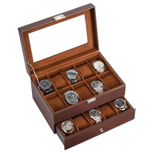 ProCase 腕時計ケース PU製 ウオッチコレクションケース 男性 収納ボックス ガラス蓋 ディスプレイケース プレゼント 20本用・ブラウン 
