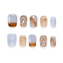 Kokowomite Nails 手作りネイルチップ ショート スクオーバル 青 ブラウン 銀色 ニュアンス おしゃれ韓国 ins 短め付け爪 人気デザイン 収納ボックス付き 10枚入