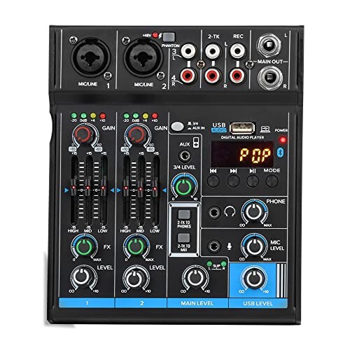 ポータブルミニミキサー4チャンネルオーディオDJコンソールサウンドカード、USB、48V Phantom Power for PCレコーディングWebキャストパーティー - Depusheng M4、ブラック