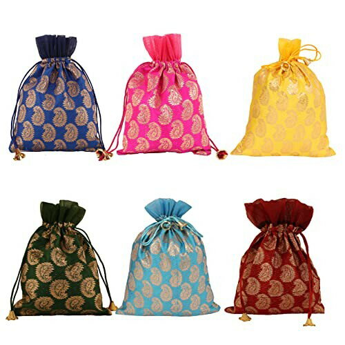 試金石ゴージャスなインドの伝統的なPaisley Brocade Drawsring大きいバッグ袋は結婚式のギフトジュエリーのためのPotliの包装ブライダルパーティーのお支払い盛り合わせ色の女性のための6の