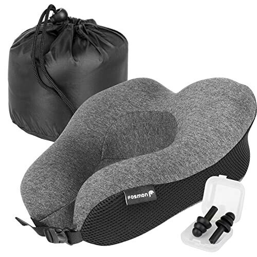 Fosmon 旅行用ネック枕耳栓付き、 柔らかく快適なメモリーフォームネッククッション、頭とあごサポート..