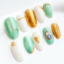 Sun&Beam Nails 手作り ネイルチップ 中等長 オーバル 白 緑 金 キラキラ ワイヤー 人気 ニュアンス デザイン おしゃれ 可愛い 収納ボックス付き 10枚 (#06 ハート・金 ? XS)