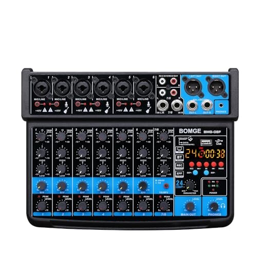 BOMGE 8 channel mini audio mixer Line Mixer ，DC 5V，with MP3 Player,Bluetooth, U disk 48V,24DSP effects, USB recording Ideal for Small Clubs or Bars, Studio Recording… (8 channels-BLACK)