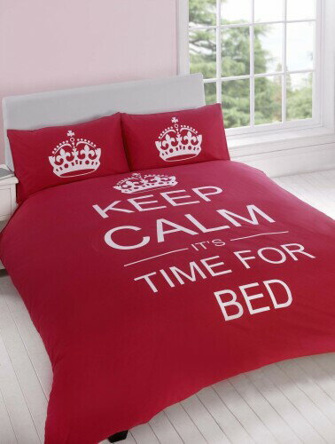 KEEP CALM Its Time For Bed 嬉しいリバーシブル クラウン柄 ベッドカバー セット ダブル レッド