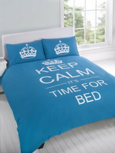 KEEP CALM Its Time For Bed 嬉しいリバーシブル クラウン柄 ベッドカバー セット シングル スカイブルー 1