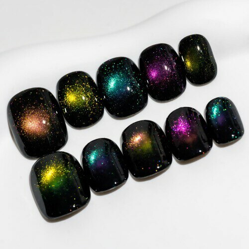 Sun&Beam Nails 手作り ネイルチップ ショート ラウンド つけ爪 黒 カラフル キャットアイ 人気 おしゃれ 可愛い 付け爪 10枚入 (#91 L) Sun&Beam Nails 手作り ネイルチップ ショート ラウンド つけ爪 黒 カラフル キャットアイ 人気 おしゃれ 可愛い 付け爪 10枚入 (#91 L)