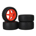 Mxfans 4個入れ 円柱柄 ラバー タイヤ & プラスチック 五芒星 ホイールリム RC 1:10 オフロード車のため (ブラック&レッド)