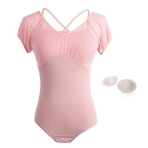 (Ava Ava) 大人用 バレエ レオタード 半袖 レディース バレエウェア 胸ポケット＋ブラカップ付 吸汗速乾 細見え おしゃれ かわいい レッスン着 新体操 ダンス 発表会 ピンク M