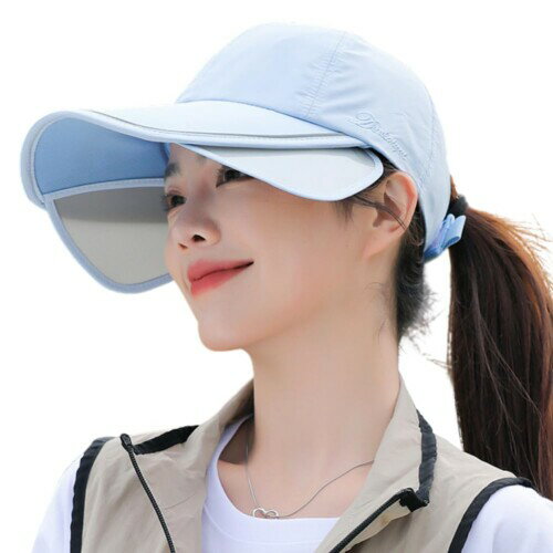 (ALVEIN) ポニーテールキャップ 紫外線対策 UPF50+ つば広 深め ゴルフ テニス サイド付き 調整可能 サンバイザー (JP, アルファベット, Free Size, スカイブルー)