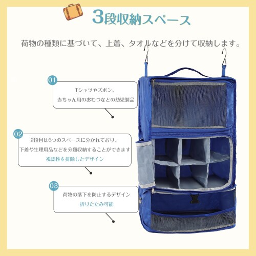 TABITORA(タビトラ) 吊り下げ収納バック 収納ボックス トラベルポーチ 旅行グッズ 圧縮ポーチ 吊り下げ トラベルクローゼット インナーバッグ 整理収納 分類 衣類 服 洋服入れ 持ち運べる 3