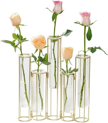 花瓶5つのテストチューブと金属ブラケット1個、水耕植物ガラス容器、自由に曲げて置くことができ、家庭の結婚式の装飾に使用できます。 (A)