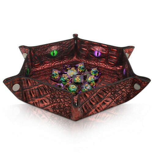 Byhoo クロコダイルパターン DND ダイストレー、折りたたみ式六角形ダイスローリングトレイ、暗闇で光るアイダイストレー、RPG、DND、卓上ゲームに最適 (レッド)