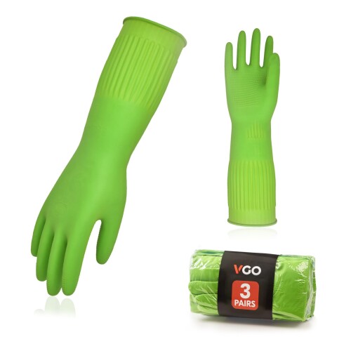 (Vgo...) 3組パック キッチングローブ 防水手袋 ロング 食器洗い 手袋 長袖 クリーニンググローブ ゴム手袋 洗車用 洗浄用 洗濯用 園芸 ペットケア 塗装用 多用途(3双入,S,グリーン,RB2143