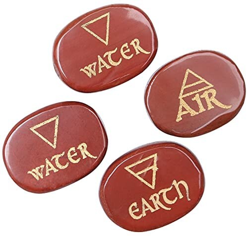 Crocon 4 Elements Red Jasper karuna Stones Engraved Triangle Symbols (Earth Air Fire Water) Polished Palm Stones for Gemstone Reiki Crystals Healing