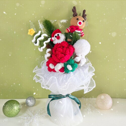 JOMODECOR ハンドメイド 枯れない花 クリスマス プレゼント 「サンタ - ヘラジカ - クリスマスツリー - 毛玉 - パフ - ローズ - コットン」かぎ針編みフラワーブーケ 造花 毛糸の花束 インテ