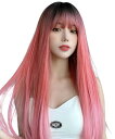 Vigorousウィッグ ロング ストレート ピンク 黒 グラデーション ブラック ウェーブ カール ぱっつん前髪 ナチュラル フルウィッグ カツラレディース wig ネット付き 耐熱