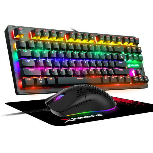 FELICONゲーミングキーボードセット 青軸 K2メカニカル 有線 87キー 全キー 防衝突 ハニカムデザイン 軽量6400DPI プログラム可能 マウスパッド付き RGBバックライト mini キーボードマウスセ