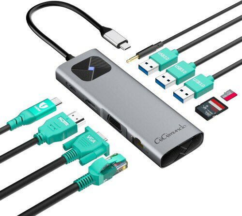 GiGimundo 10-in-1 USB C ハブ 変換アダプタD 100W/TF&SD/100Mbps RJ45イーサネットポート/1080P VGA/3.5MMオーディオ データ伝送 軽量アルミ合金 Mac Air/MacBook/MacBook Pro/iPad Pro 会議 ビジネス 在宅勤務 テレワ