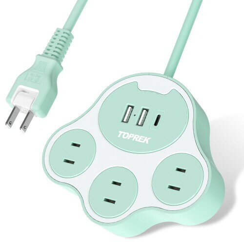 TOPREK 猫の足型 電源タップ 青色 USB コンセント 延長コード 1.5M 3個AC口 2個USB-Aポート 1個USB-Cポート(USB-C 20W PD3.0 急速充電) 1500W/12A 180°スイングプラグ 雷サージガード オフィス/家庭用/卓上