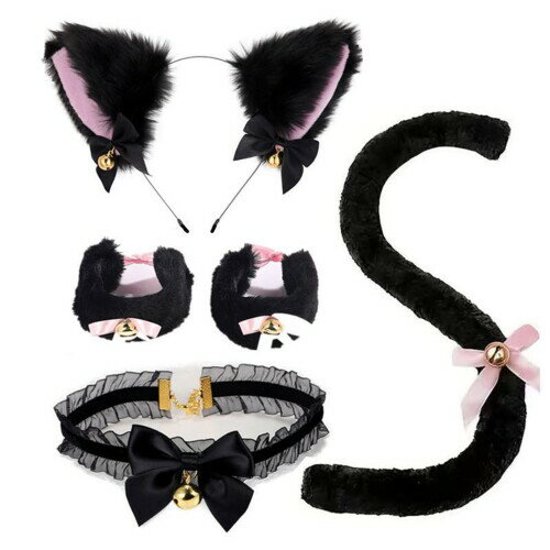 (KEKVE) 猫耳 カチューシャ 猫耳 コスプレ 猫耳 猫の腕輪 しっぽ チョーカー 5点セット 鈴付き ハロウィン 黒猫 コスチュームランキング ハロウィン...