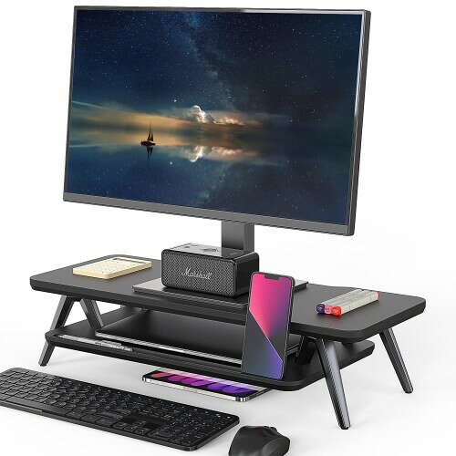 Fenge モニター台 卓上 机上台 パソコン台 机上ラック 60cm横幅 2段 木製天板 アルミニウム製脚 デスクトップ用 モニタースタンド pc台モニター台 パソコンラック 卓上 収納 整理整頓ブラッ