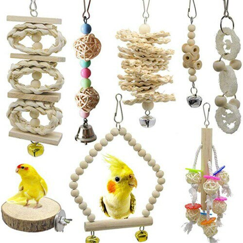 インコ おもちゃ オウム 鳥のおもちゃ ブランコ 噛む玩具 バードトイ 吊下げタイプ ボール 止まり木 遊び場 ストレス解消 知育玩具 (8点セット C)