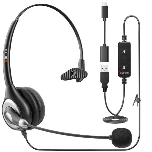 WantekヘッドセットUSB Type-C 片耳 ノイズキャンセリングマイク付き 音量調節コントローラー有線PC用ヘッドホン Web会議、Skype、オフィス、在宅勤務、業務用、リモートワーク、オンライン