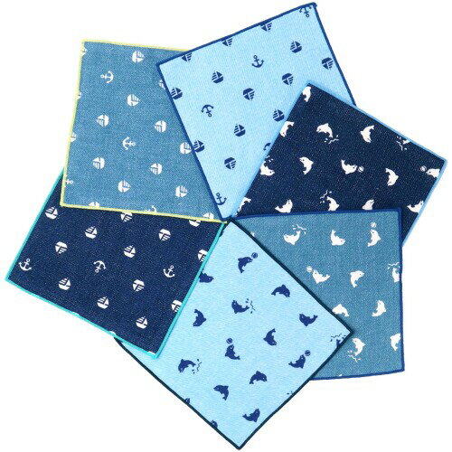 (cluster) クラスタ キッズハンカチ 6枚セット ガーゼハンカチ かわいい柄のミニハンカチ イルカ ヨッ..