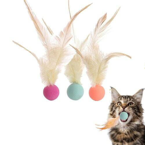 猫用 羽付きボール おもちゃ 3枚セットシリコン製 高?力 軽量 バウンシーボール 猫用おもちゃボール 運動不足対策 屋内屋外 インタラクション 猫用おもちゃ ...