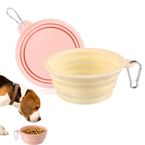 ペットボウル 折り畳み ペットボウル 2個セット (カラビナ付き) 犬 猫 水飲み 皿 携帯用 シリコン製 フードボウル 軽量 コンパクト 散歩 旅行 アウトドアに最適 (ピンク+イエロー)