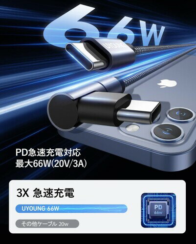 USB C ケーブル L字 USBC 2M Type C to Type-C ケーブル 66W L型 タイプc 急速充電 iPhone15 充電ケーブル データ転送 断線防止 高耐久ナイロン Samsung Galaxy/MacBook Pro/Matebook/iPad&Air/Xperia/Sony 等USB-C機種対
