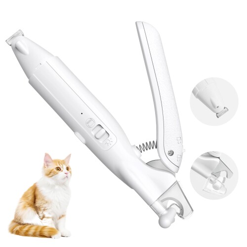 PAPMINI ペット用バリカン 猫用 爪切り機能付き 爪収納ボックス・両端LEDライト搭載 広めカッターヘッド ロック機能 低騒音 足裏・耳裏・顔回り・お尻周り対応 部分カットに最適