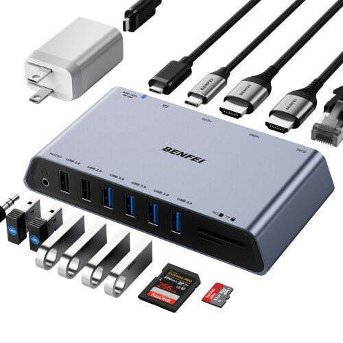 BENFEI 12-in-1 USB A/C ドッキングステーション Docking Station、デュアル HDMI ディスプレイ/6*USB ポート/SD/TF カードリーダー/1Gbpsギガビットイーサネットネットワーク/3.5mm メスヘッドフォンジャ