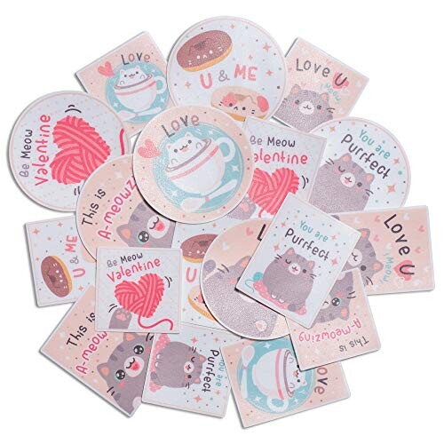 ネイビー 牡丹 ぽっちゃった子猫 ステッカーセット (18枚パック) - 防水 丈夫 猫 テーマ | 正方形 垂直..