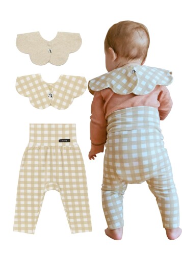 (Konny) ソフトモダール ハイウエストレギンス 1P + スタイ2P / Creamy Ginghamセット(Creamy Gingham/Creamy Gingham/Oatmeal)-12M