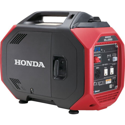 ＜商品詳細＞ 商品名 HONDA　正弦波インバーター搭載発電機　EU26IJJN　2.6kVA（交流専用） 特長 高出力で高い機動力をもっています。 燃料噴射装置をFIシステム採用に変更したことによって大幅な低燃費運転が可能になりました。 定格2.6kvaでありながら軽量を実現しました。 用途 ●作業現場、BCP対策、防災備蓄として 仕様・規格 ●コンセント形状：単相100V15A用×2、単相100V30A用×1 ●周波数切替スイッチ付 ●オイル警告灯付 ●負荷連動式のエコスロットル搭載 ●リコイルスタータ ●定格交流出力50/60Hz：100V-2.6kVA ●周波数(Hz)：50/60 ●騒音値(dB)：84〜91 ●タンク容量(L)：4.6 ●連続運転時間(h)：3.3 ●連続運転時間(h)(1/4負荷〜定格負荷)：8.6〜3.3 ●全長(mm)：571 ●全幅(mm)：306 ●全高(mm)：452 ●使用燃料：無鉛ガソリン ●コンセント形状：単相100V×2(15A)、単相100V(30A)、単相100V ●並列運転：有 ●オイルアラート：有 ●始動方式：リコイル ●エコ機能：有 ●ロック付コンセント：有 質量 26.5kg 注意事項 騒音値はLwA（ISO国際基準）にて測定の値です。 連続運転時間は目安です。 製造国 日本 メーカー名 本田技研工業（株） 出荷スケジュール メーカー直送便でのお届けとなりますので、時間指定は承れません。 10時までのご注文で、当日出荷可能です。お急ぎの場合は、ご注文前にご確認ください。 ※メーカー直送便ですので、代引き決済はお使いいただけません。予めご了承ください。