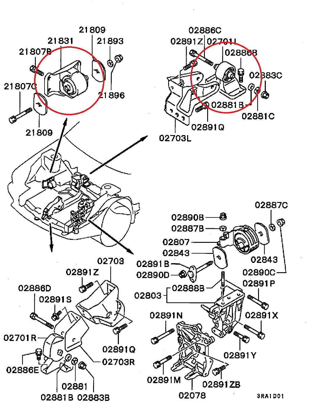 三菱GTO（Z16A型）用　エンジンマウント2個セット　MB581705：エンジンロールストッパLH＆MB892449：T/Mマウンチングボディサイド代替品　絶版パーツ