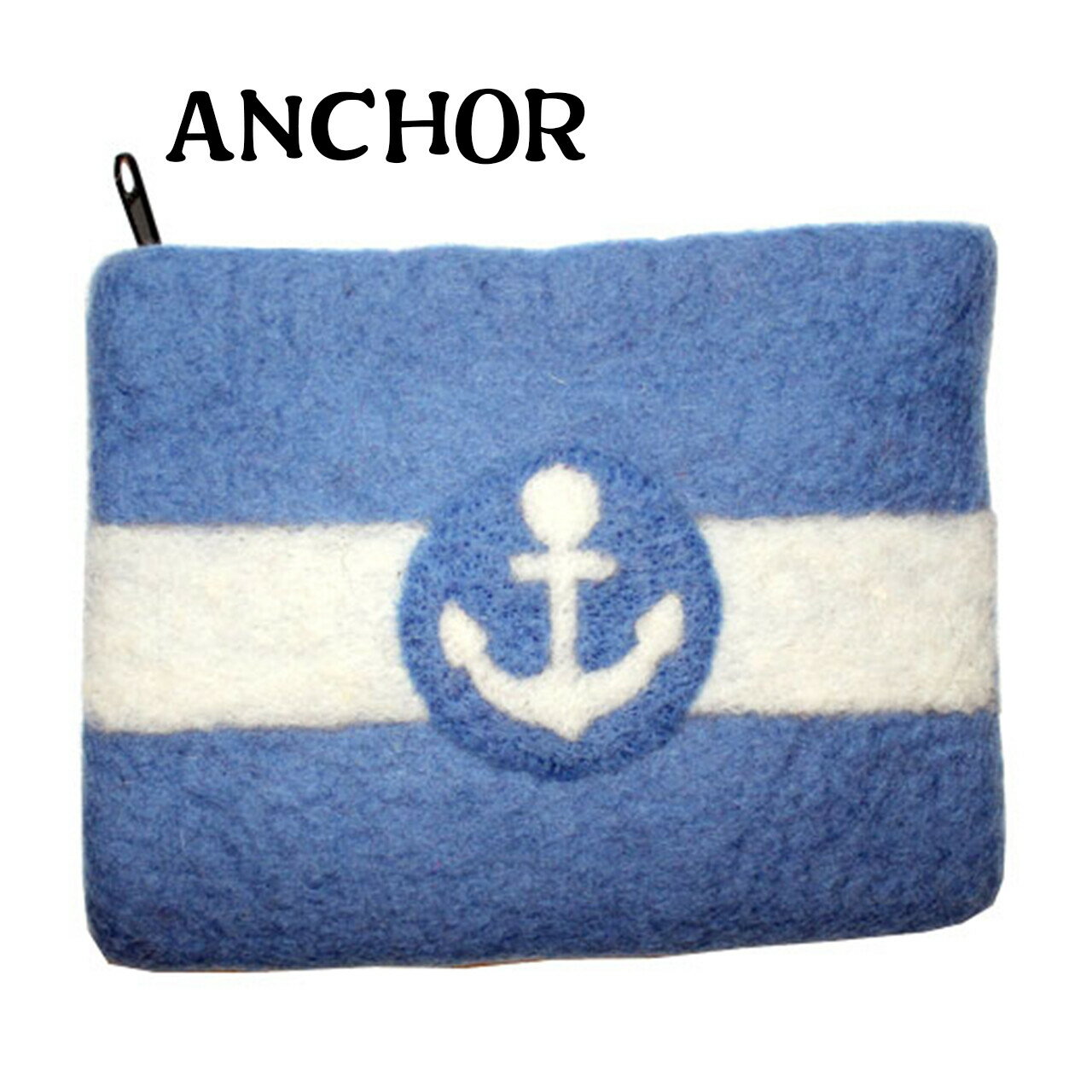 ハンドメイドフェルトポーチ ネパール 　ANCHOR　アンカー　かわいい　プチギフト　小物入れ　ケース　ポーチ　水色　ボーダー　ブルー
