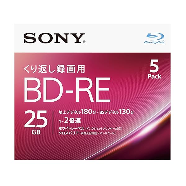 ソニー 日本製 ブルーレイディスク BD-RE 25GB (1枚あたり地デジ約3時間) 繰り返し録画用 5枚入り 2倍速ダビング対応 ケース付属 5BNE1VJPS2ブランドSony色モデル5BNE1VJPS2商品説明※詳細は会社概要ページにてご確認くださいませ。【商品概要】大切な映像の保存用ディスクに最適。傷・埃・汚れに強い高性能なハードコートを採用規格:映像用BD-RE 1層 入り数:5枚(ケース)容量:25GB/1枚 盤面:ホワイトレーベル倍速:2倍速対応(1-2倍速)インクジェットプリンター対応(ワイドプリントエリア)地デジ:180分 BSデジタル:130分(DRモード時/1枚当たり)【商品説明】【商品詳細】ブランド：Sony商品種別：ブルーレイBD-RE商品名：ソニー 日本製 ブルーレイディスク BD-RE 25GB (1枚あたり地デジ約3時間) 繰り返し録画用 5枚入り 2倍速ダビング対応 ケース付属 5BNE1VJPS2製造元：ソニー(SONY)商品番号：5BNE1VJPS2発売日：2016年07月15日商品内容：5枚(地デジ約15時間)商品タイプ：単品【当店からの連絡】