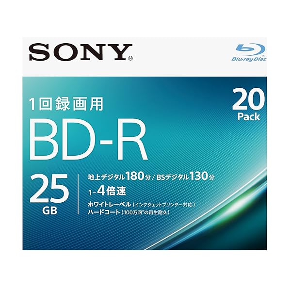 ソニー ブルーレイディスク BD-R 25GB (1枚あたり地デジ約3時間) 1回録画用 20枚入り 4倍速ダビング対応 ケース付属 20BNR1VJPS4ブランドSony色ホワイトモデル20BNR1VJPS4商品説明※詳細は会社概要ページにてご確認くださいませ。【商品概要】大切な映像の保存用ディスクに最適。傷・埃・汚れに強い高性能なハードコートを採用規格:映像用BD-R 1層 入り数:20枚(ケース)容量:25GB/1枚 盤面:ホワイトレーベル倍速:4倍速対応(1-4倍速)インクジェットプリンター対応(ワイドプリントエリア)地デジ:180分 BSデジタル:130分(DRモード時/1枚当たり)【商品説明】【商品詳細】ブランド：Sony商品種別：ブルーレイBD-R商品名：ソニー ブルーレイディスク BD-R 25GB (1枚あたり地デジ約3時間) 1回録画用 20枚入り 4倍速ダビング対応 ケース付属 20BNR1VJPS4製造元：ソニー(SONY)商品番号：20BNR1VJPS4発売日：2016年07月15日商品内容：20枚(地デジ約60時間)色：ホワイト商品タイプ：片面1層【当店からの連絡】