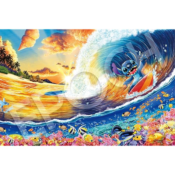 Comastoricのエポック社 1000ピース ジグソーパズル ディズニー Stitch -Sunset Surfing- （スティッチ -サンセッ｜アングル2